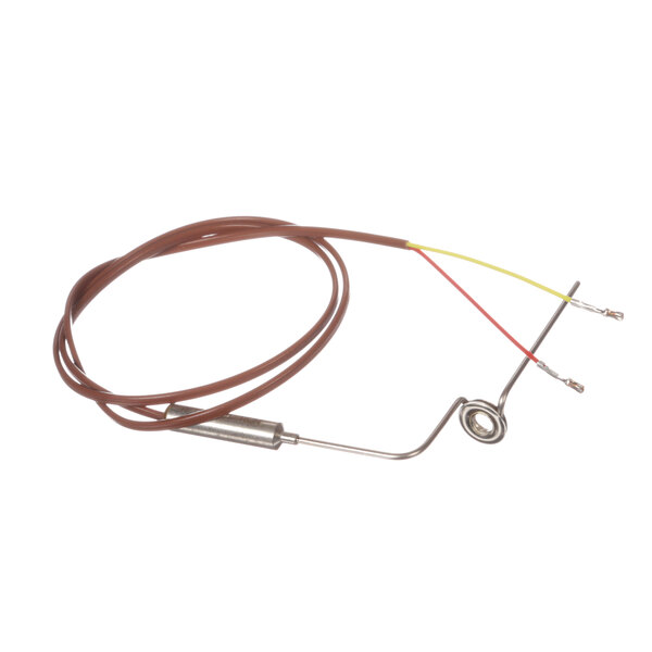 A TurboChef thermocouple with a red and yellow wire and metal rod.