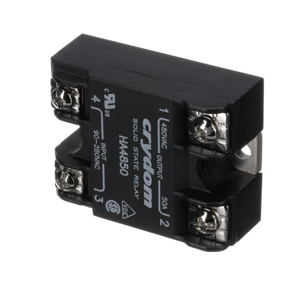 A small black Intek solid state relay with silver screws.