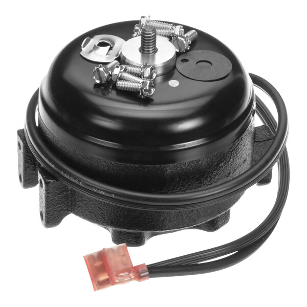 A black round Beverage-Air fan motor with a red wire.