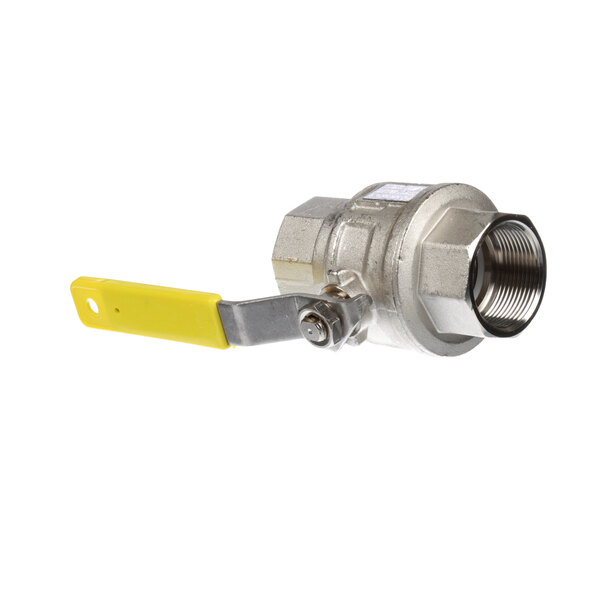 A close-up of a Meiko stainless steel drain valve with a yellow handle.