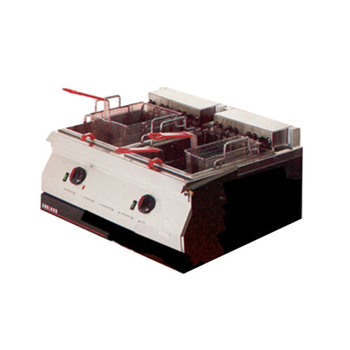 A white Garland electric countertop deep fryer with two red handles.