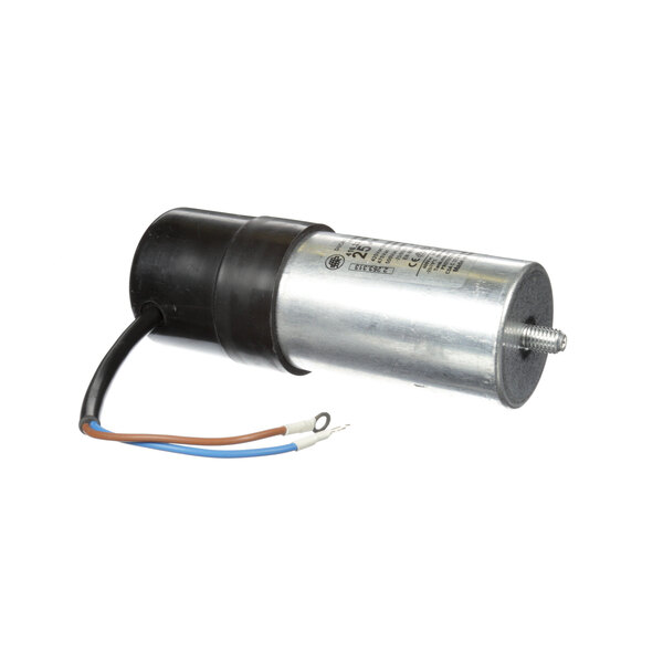 A True Refrigeration run capacitor, a small metal cylinder with wires and a black cap.