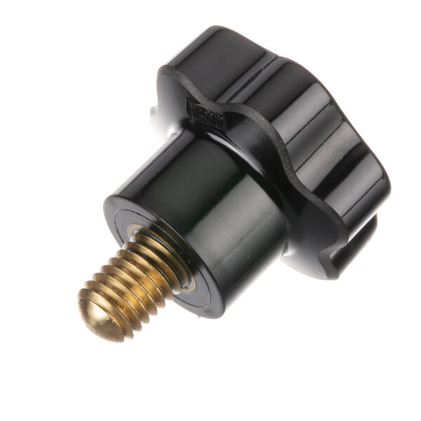 A black plastic Univex meat slicer knob with a gold screw.