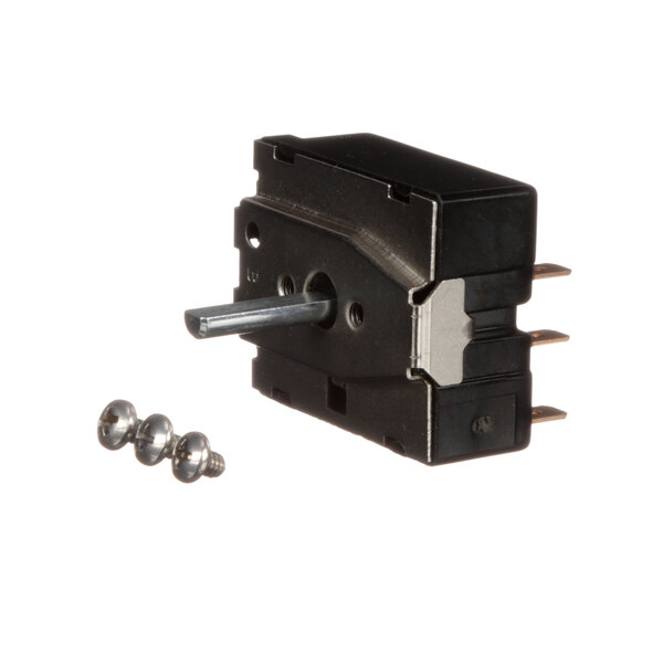A close-up of a Blodgett Three Position Switch with metal screws.