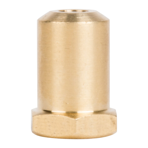 A gold metal cylindrical object with a brass threaded nut.