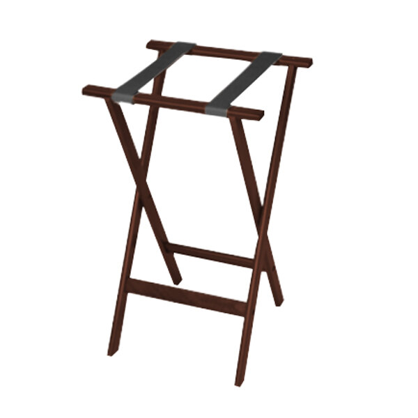 A CSL mahogany wood tray stand with black straps.