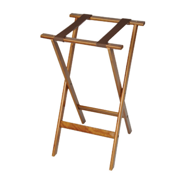 A dark walnut wooden tray stand with brown straps and two legs.