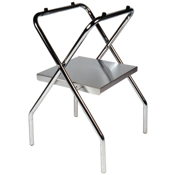 A CSL stainless steel folding tray stand with a metal frame holding a metal shelf.