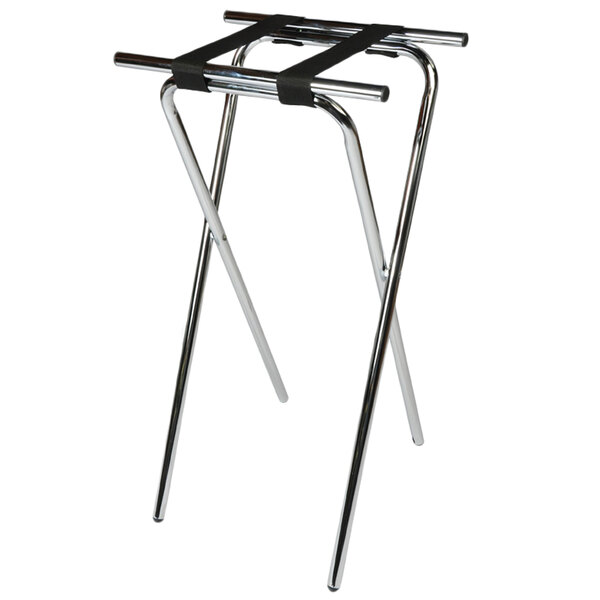 A CSL chrome steel tray stand with black straps and metal legs.
