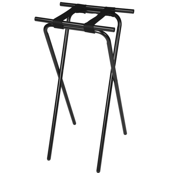 A black steel tray stand with black straps.
