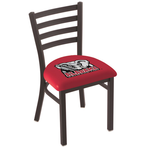 A Holland Bar Stool black steel chair with padded red seat and ladder backrest.