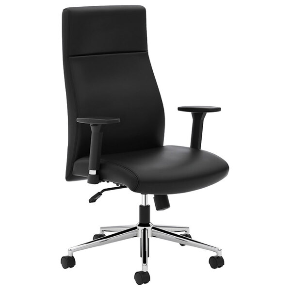 A black HON Define high-back office chair with armrests and wheels on a chrome base.