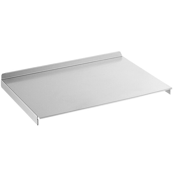 A silver metal Lincoln 1140 take-off shelf on a counter.