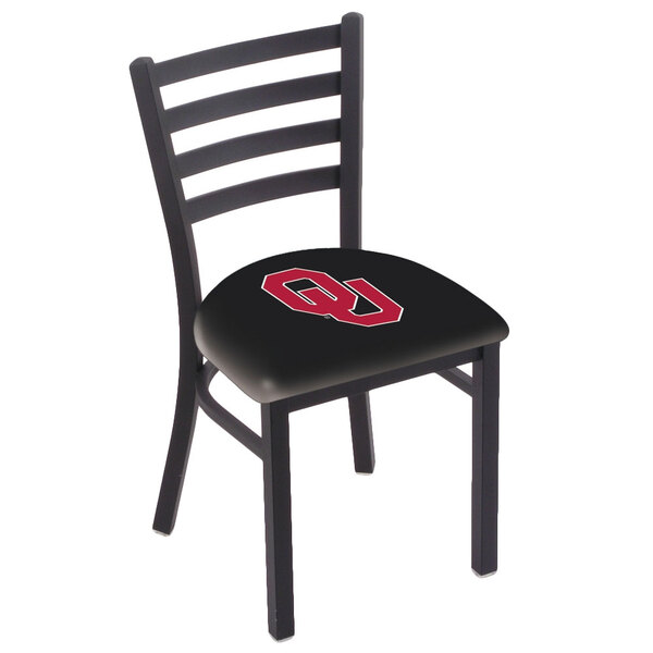 A black steel Holland Bar Stool chair with University of Oklahoma red and black logo on the padded seat and ladder back.