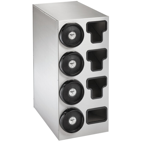 A stainless steel Vollrath countertop cup dispenser with black knobs.