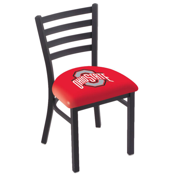 A black steel Holland Bar Stool Ohio State University chair with a red padded seat and logo on the back.