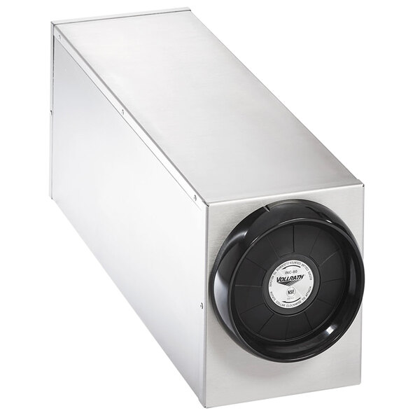 A silver rectangular Vollrath countertop cup dispenser with a black circle on top.