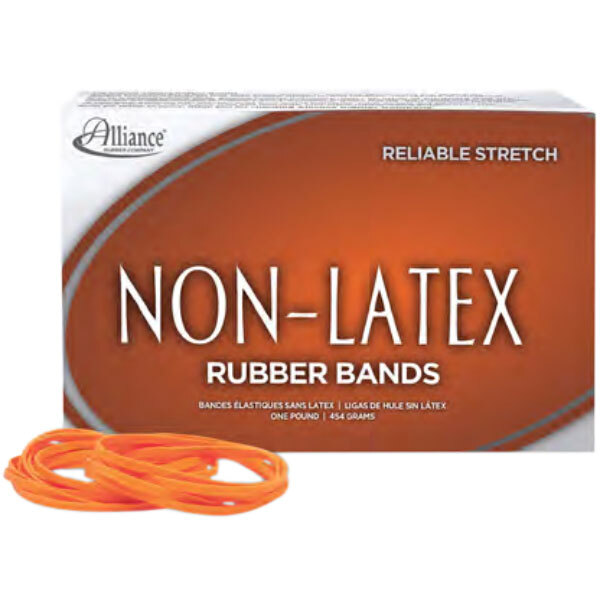A box of Alliance non-latex rubber bands in assorted sizes with an orange label.