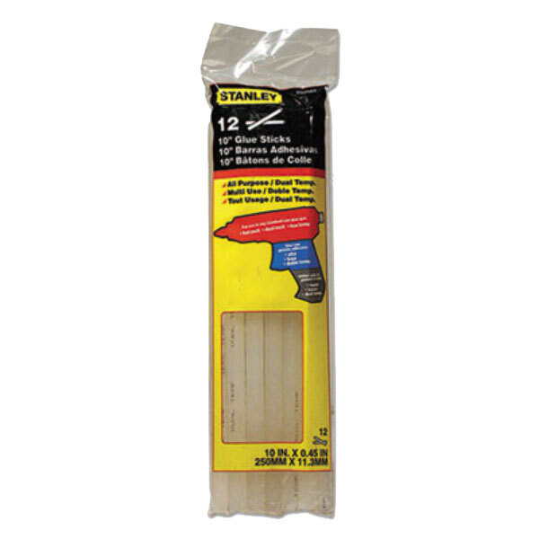 A yellow box of Stanley Bostitch 10" Dual Temperature Glue Sticks with black text.