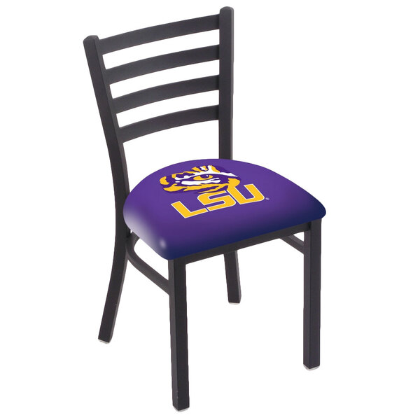 Holland Bar Stool L00418LaStUn Black Steel Louisiana State University Chair with Ladder Back and Padded Seat