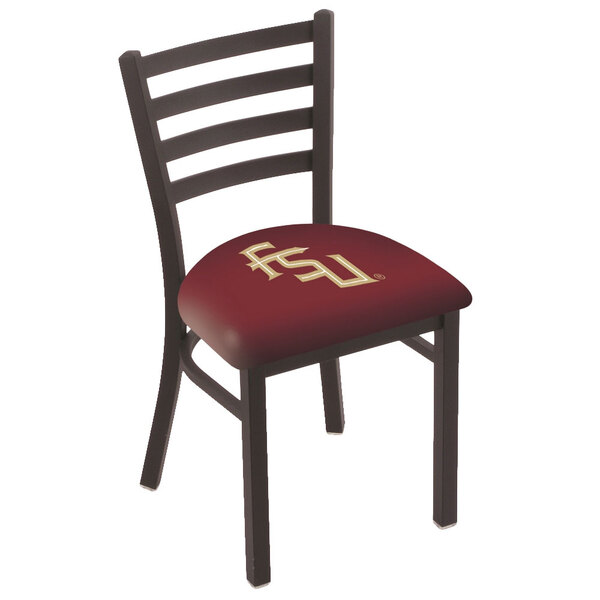A black steel Holland Bar Stool chair with a red padded seat and the Florida State University logo.