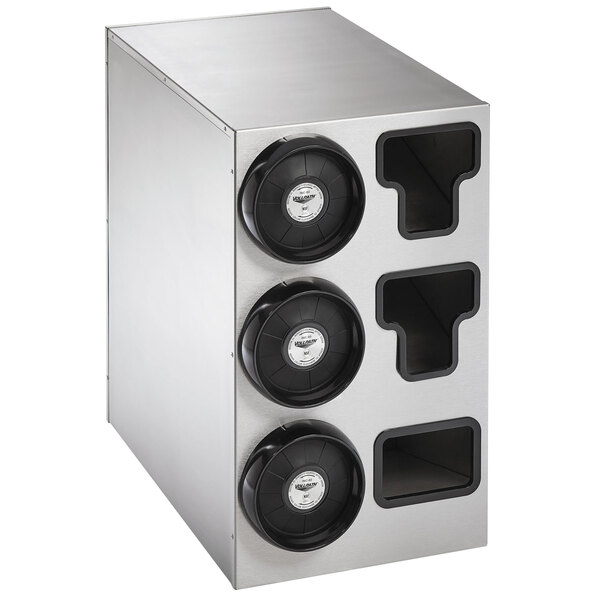 A stainless steel Vollrath countertop cup dispenser with three slots and three T-lid holders.