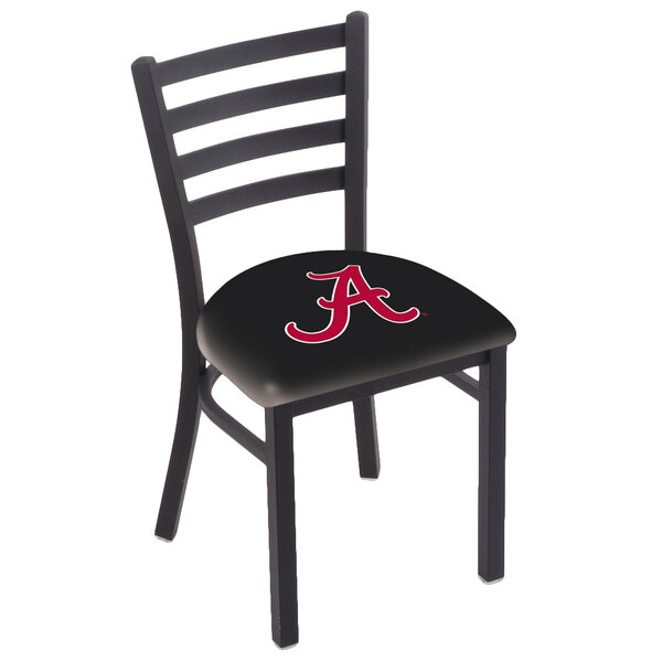 A black steel Holland Bar Stool chair with University of Alabama logo on the padded seat.