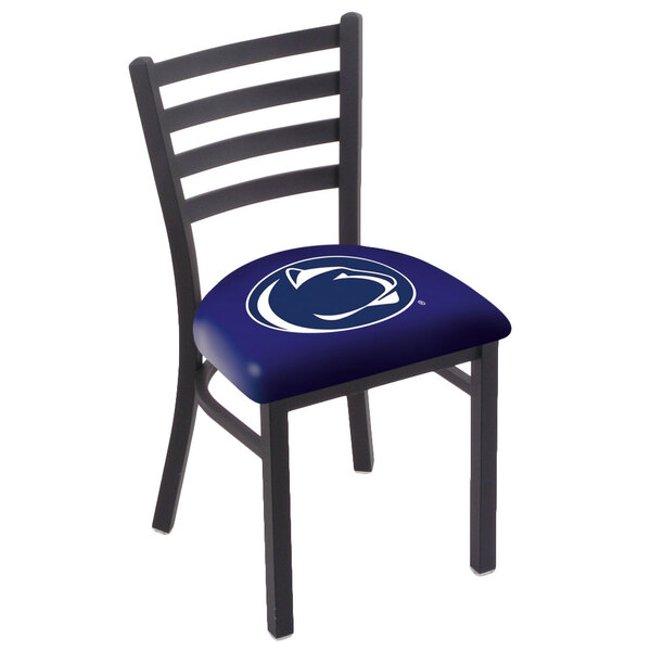 A Holland Bar Stool Penn State University chair with ladder back and blue cushion with a blue and white logo.