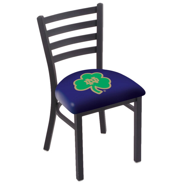 A black steel chair with a padded blue seat and a University of Notre Dame logo on the back.