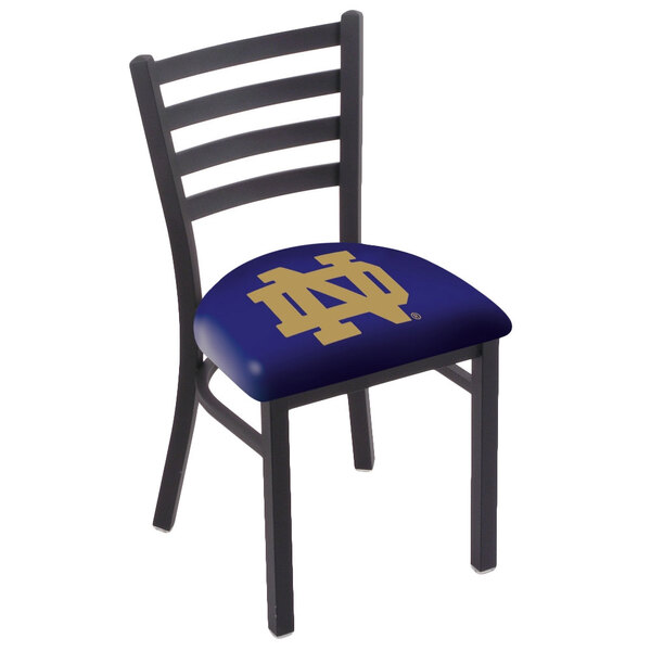 A black steel side chair with a padded seat and ladder back featuring the University of Notre Dame logo in blue and gold.