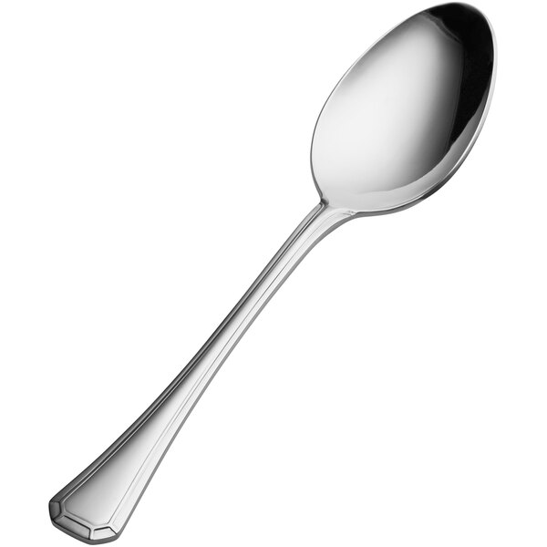 A close-up of a Bon Chef stainless steel soup/dessert spoon with a silver handle and spoon.