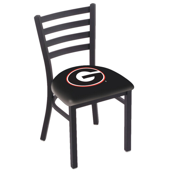 A black steel Holland Bar Stool chair with University of Georgia logo on the padded seat.