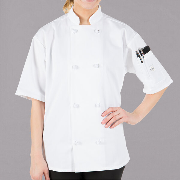 Mercer Culinary Millennia® M60014 Unisex White Customizable Short Sleeve Cook Jacket with Cloth Knot Buttons