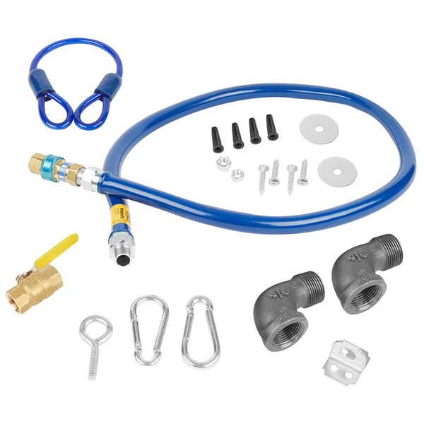 A blue Lincoln 1098 equivalent flexible gas connector hose with fittings and screws.