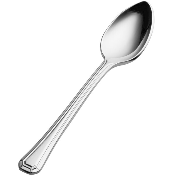 A Bon Chef stainless steel demitasse spoon with a silver handle and spoon.