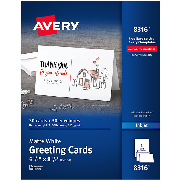 A box of 30 white Avery ink jet greeting cards and envelopes.