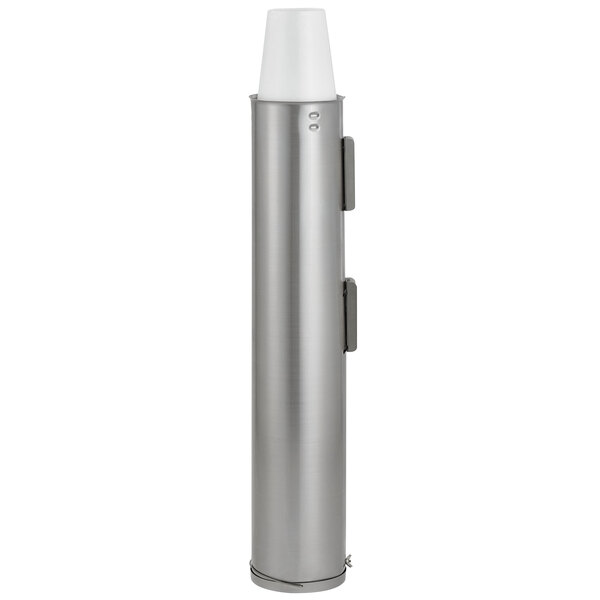 A silver cylinder with a white top.