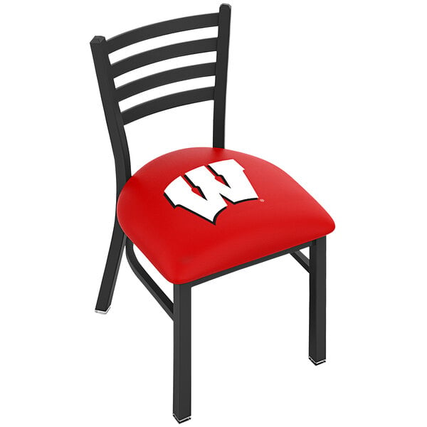 A black steel Holland Bar Stool chair with University of Wisconsin Badgers logo on the padded red seat.