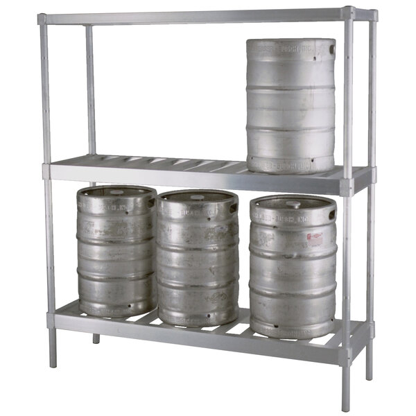 A metal Eagle Group keg rack with four beer kegs on it.