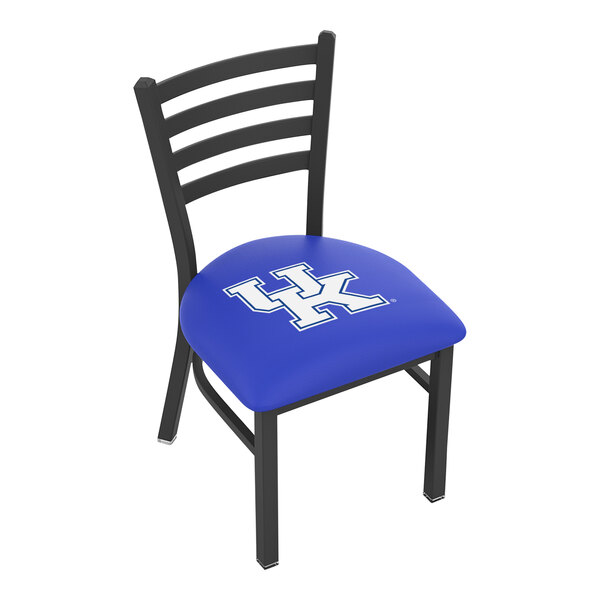 A black steel Holland Bar Stool chair with a blue padded seat and University of Kentucky logo.