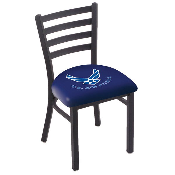 A black steel United States Air Force chair with ladder back and navy blue cushion with a logo.