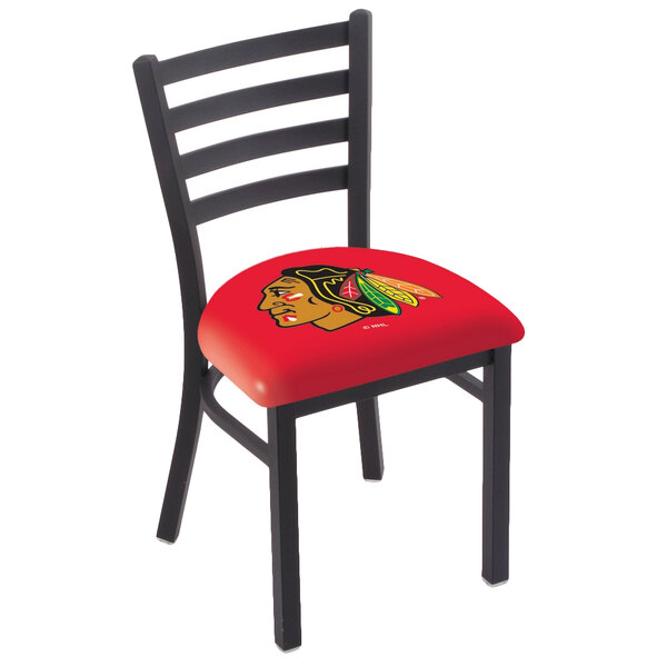 Holland Bar Stool L00418ChiHwk-R Black Steel Chicago Blackhawks Chair with Ladder Back and Padded Seat