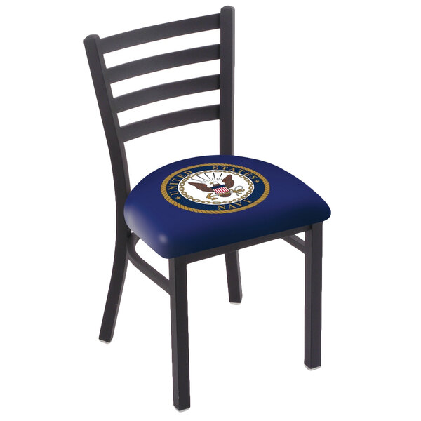 A black steel Holland Bar Stool United States Navy chair with a ladder back and blue cushion.