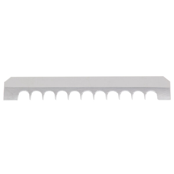 A white metal rectangular blade with many holes.