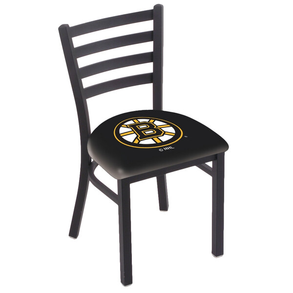 Holland Bar Stool L00418BosBru Black Steel Boston Bruins Chair with Ladder Back and Padded Seat
