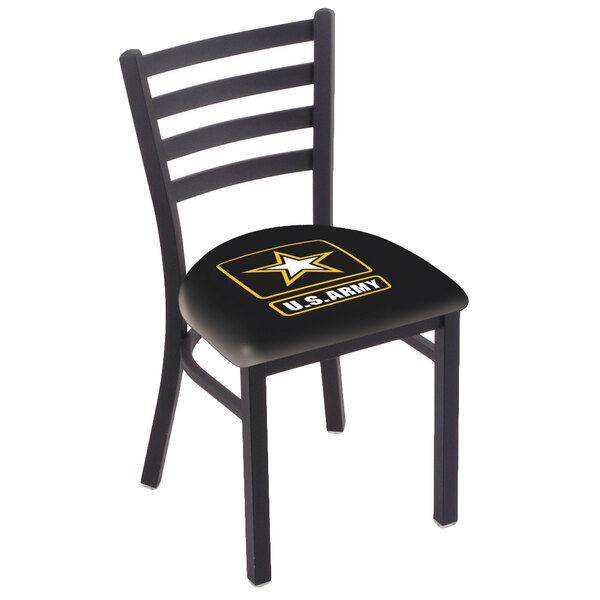 A black steel Holland Bar Stool United States Army chair with a logo on the padded seat.
