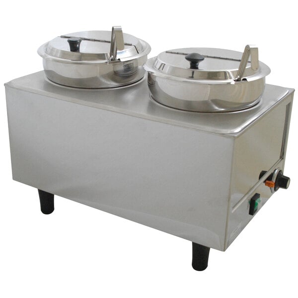 A Benchmark USA Dual 7 Qt. Warmer with stainless steel double boilers and lids.