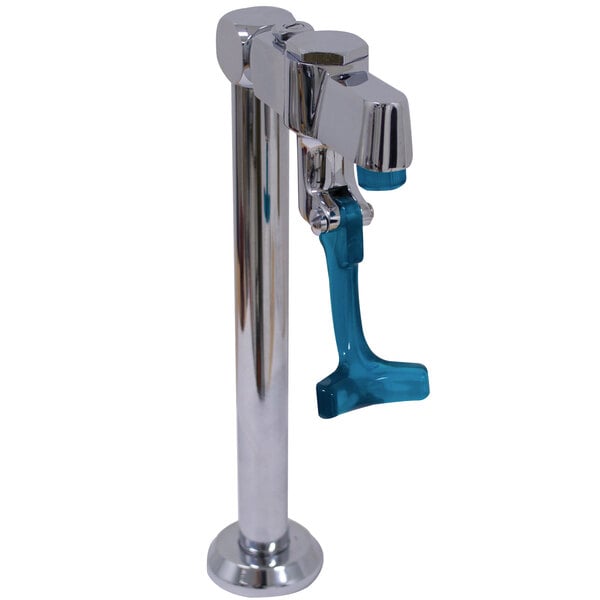 A chrome metal deck mount glass filler faucet with a blue handle.