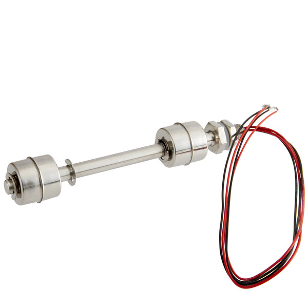 An Avantco metal rod float switch with red and black wires.