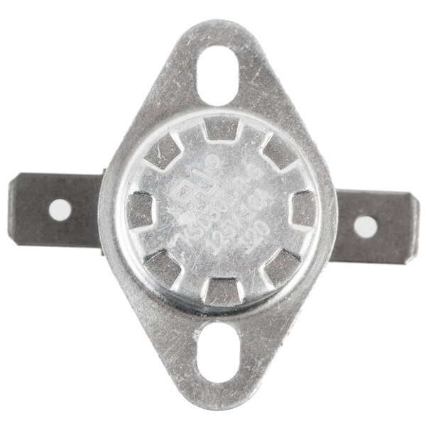 A metal plate with a hole in the center, the Avantco 177PHWD13 Hi-Limit Thermostat.